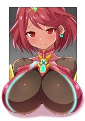 1girls 3d_illusion anime_style bangs blush border breasts busty closed_mouth earrings female female_only glowing gradient gradient_background grey_background half-closed_eyes head_tilt highres huge_breasts jewelry konno_tohiro looking_at_viewer nintendo nude outside_border pop_out pyra_(xenoblade) red_eyes red_hair shadow short_hair skin_tight smile solo swept_bangs tiara turtleneck upper_body white_background xenoblade_(series) xenoblade_chronicles_2