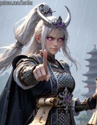 1female 1girls 2d ai_generated armor armored_female cape detailed_female diadem female girl hi_res high_resolution highres long_hair miao_ying pointing_at_viewer pony_diffusion_xltasy purple_eyes serotec total_war:_warhammer warhammer_(franchise) warhammer_fantasy white_hair