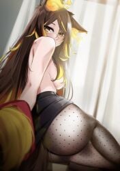 animal_ears ass black_pantyhose black_skirt blushing breasts brown_hair female fiery_ears highres indie_virtual_youtuber large_breasts long_hair looking_at_viewer multicolored_hair orange_eyes orange_fire orange_hair pantyhose pupi_(rain_prophet) sinder_(vtuber) sitting skirt solo streaked_hair tail topless virtual_youtuber wolf_ears wolf_girl wolf_tail