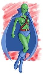 black_sclera boots breasts cape closed_mouth clothes color dc female female_only flying footwear green_nipples green_skin martian_manhunter nipples open_eyes red_eyes round_ears rule_63 sketch solo topless