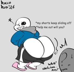 2024 2boys ? animated_skeleton anon anonymous anterior_nasal_aperture ass ass_focus big_butt bite biting biting_lip biting_own_lip black_shorts blue_hoodie blush bone butt butt_focus dialogue duo english_text grey_background grey_body grin hoodie huge_butt humanoid leaning leaning_forward looking_back male male_only one_eye_closed pink_slippers question_mark roccorox sans self_bite shorts simple_background skeleton slippers smile standing star sweat teeth text undead undertale undertale_(series) white_body white_butt wink