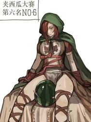 1girls dark_souls dark_souls_2 emerald_herald female fromsoftware miao_jiangyou miaojiangyou simple_background thighs watermelon watermelon_crushing