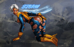 1girls all_fours anus ass big_ass breasts dark-skinned_female dark_skin dat_ass epyon female female_only looking_back marvel marvel_comics nipples ororo_munroe pussy shaved_pussy short_hair simple_background solo storm_(x-men) vagina white_eyes white_hair x-men