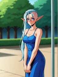 1girls aeldari ai ai_generated alien alien_girl blue_dress blue_eyes blush eldar elf_ears image_set long_hair warhammer_(franchise) warhammer_40k yvraine