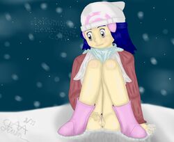 anus beanie blush clothes clothing color dawn_(pokemon) dawn_(pokemon_platinum) female female_only front_view hat human pokemon pokemon_platinum red_coat red_jacket sitting solo steven_(artist) tagme vulva white_scarf winter_clothes