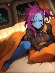 ai ai_generated alien alien_girl blue_body blue_skin red_eyes sleepy tau warhammer_(franchise) warhammer_40k