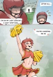 bulge cheerleader cheerleader_uniform comic crop_top crossdressing dialogue femboy football_player gay girly heart male male_only midriff panties pom_poms red_hair skirt stockings text thighhighs vissentia wholesome