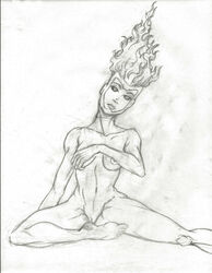 1girls barefoot breasts closed_mouth covering dc dc_comics female female_only fiery_hair fire firestorm firestorm_(series) front_view head_tilt looking_at_viewer monochrome nude rule_63 sitting sketch solo solo_female traditional_drawing_(artwork) traditional_media_(artwork) vulva white_background