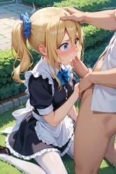 1girls ai_generated blonde_hair blowjob blue_eyes blush deepthroat ecchidreams embarrassed hand_on_head hayasaka_ai hi_res kaguya-sama_wa_kokurasetai kneeling long_hair maid maid_outfit maid_uniform medium_breasts motion_lines pantyhose penis penis_in_mouth ponytail side_ponytail stable_diffusion tears torn_pantyhose white_legwear white_pantyhose wide_eyed