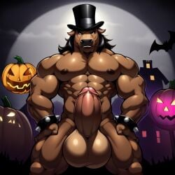 1boy 1furry 1male ai_generated animatronic animatronic_male anthro bane_(tnar) bara big_balls big_penis black_eyes bovid bovine brown_fur bull candougie fazbear_fanverse five_nights_at_freddy's frosting.ai furry furry_balls furry_bara furry_only furry_penis gay gay_male halloween huge_balls jack-o'-lantern male male_focus male_only muscle muscles muscular muscular_anthro muscular_male solo solo_focus solo_male spiked_bracelet those_nights_at_rachel's top_hat