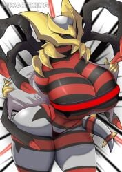 1girls anthro bandeau big_breasts black_sclera breasts claws cleavage clothed clothing curvy_anthro curvy_female curvy_figure eyelashes female female_only generation_4_pokemon giratina grey_body huge_breasts legendary_pokemon looking_at_viewer luxartking nintendo origin_forme_giratina pokemon pokemon_(species) red_eyes skimpy solo spiked_tail spikes spikes_(anatomy) striped_body stripes tail thick_thighs thong topwear underwear very_high_resolution voluptuous_anthro voluptuous_female wide_hips