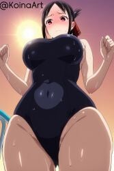 1boy ai_generated bangs black_hair black_swimsuit breasts completely_nude embarassed female flustered folded_ponytail from_below hair_ribbon kaguya-sama_wa_kokurasetai_~tensai-tachi_no_renai_zunousen~ koinaart nipples nude one-piece_swimsuit parted_bangs pussy red_eyes shinomiya_kaguya short_hair sidelocks skindentation stable_diffusion sweat swimming_pool swimsuit