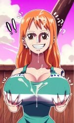 ai_generated big_breasts bubble bubble_ass cum cum_on_face female female_only grabbing_own_breast nami nami_(one_piece) one_piece orange_hair pixelsin