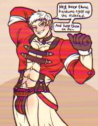 bara barazoku choker dialogue gay jockstrap king_of_fighters leather looking_at_viewer male_only muscular_male partially_clothed pubic_hair quickmanfucker smirk smirking_at_viewer snk speech_bubble white_hair yashiro_nanakase