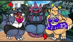 3_girls big_breasts breasts cleavage dragonite echi101 embarrassed garchomp glasses hydreigon nintendo pokemon pokemon_(species)