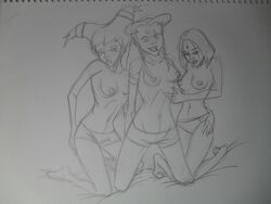 3girls dc dc_comics female female_only jinx_(dc) johnny2dix monochrome multiple_girls rachel_roth raven_(dc) sketch smooth_skin starfire teen_titans