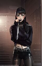 ai_generated black_hair futanari goth goth_girl green_eyes piercings sultry_eyes tattoos