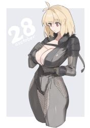 absurdres ahoge alternate_costume antenna_hair arcueid_brunestud barghest_(gawain)_(fate) blonde_hair bodysuit breasts cosplay cosplaying_as_character fate/grand_order female fishnets hair_intakes highres jonyeld large_breasts red_eyes short_hair solo tagme tsukihime