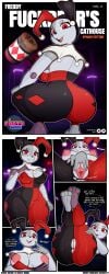 absurd_res bodily_fluids breasts clothed clothing cosplay costume cover cover_art cover_page female five_nights_at_freddy's five_nights_at_freddy's:_security_breach freddy_fuckbear's_cathouse_(kevwrite) genital_fluids genitals grey_body hammer hi_res kevwrite lagomorph leporid mammal nipples partially_clothed pussy rabbit red_eyes scottgames solo speech_bubble spread_legs spread_pussy spreading steel_wool_studios suit text tools urethra vaginal_fluids vanny_(fnaf)