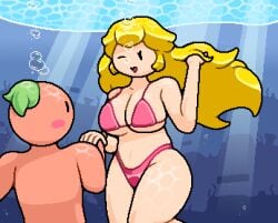 big_breasts big_thighs blonde_hair blush bubbles happy mario_(series) okami_tomato pink_bikini princess_peach super_mario_bros. tomato_(okami_tomato) underwater wholesome