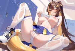 1girls ai_generated breasts brown_hair cheerleader cheerleader_uniform e-sekai eel eel_girl idol-en idol_corp juna_unagi large_breasts light-skinned_female panties ponytail skirt_lift sneakers two_tone_hair upskirt virtual_youtuber vtuber white_panties yellow_eyes yellow_hair