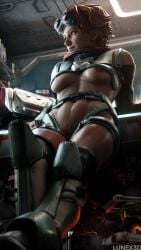 3d apex_legends clothed curly_hair futuristic hairy_pussy horizon_(apex_legends) lunex3d partially pubic_hair pubic_hair_peek red_hair