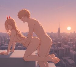 ai_generated balcony bending_over bent_over breasts chainsaw_man city cityscape denji_(chainsaw_man) doggy_style naked nude penetration petite power_(chainsaw_man) sex skinny small_breasts straight sunset