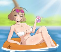 anis_(nikke) beer bikini breasts brown_hair eyewear_on_head floatie goddess_of_victory:_nikke inflatable pool seductive short_hair sky smiling sunglasses tagme vdrawstuff