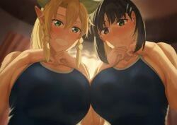 2girls black_bean black_hair blonde_hair confident elf elf_ears embarrassed green_eyes huge_breasts kirigaya_suguha leafa looking_at_viewer one-piece_swimsuit ponytail school_swimsuit short_hair smile swimsuit sword_art_online wet