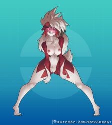 animal_humanoid areola barefoot breast_squish breasts canid canid_humanoid canine canine_humanoid canis claws dex_appeal feet female fur generation_7_pokemon genitals glowing glowing_eyes hair hi_res humanoid humanoid_genitalia looking_at_viewer lycanroc mammal mammal_humanoid midnight_lycanroc nintendo nipples non-human_areolae nude pink_eyes pink_nipples pokemon pokemon_(species) pokemorph pubes pussy red_body red_fur sharp_teeth simple_background smile solo squish tail teeth toes white_body white_fur wolf wolf_humanoid