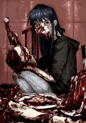 black_hoodie blood blue_hair chair cuts death disembodied_head eyeball female fork guro highres holding holding_detached_head holding_fork hood hoodie horror_(theme) injury kitchen_knife knife murder open_mouth original pants plate red_eyes smile solo table teeth white_pants wuwuren