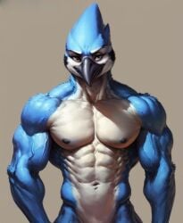 ai_generated bird bird_humanoid cartoon_network cutesexyrobutts_(style) cutesexyrobutts_ai_artstyle_imitation furry furry_male male_only mordecai_(regular_show) muscles muscular muscular_abs muscular_male nude nude_male regular_show