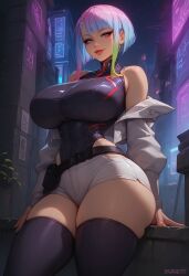 1girls ai_generated cyberpunk:_edgerunners edenaiart huge_breasts lucyna_kushinada multicolored_hair shorts slim_waist thick_thighs