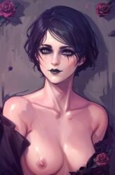 ai_generated black_hair black_lipstick breasts female gothic iris_von_everec light-skinned_female looking_at_viewer mascara mascara_tears nipples sakermazov solo the_witcher_(series) the_witcher_3:_wild_hunt