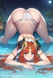 ai_generated arm_rest ass ass_focus big_ass big_breasts big_butt big_thighs bikini blue_eyes blush collage female female_focus female_only genshin_impact horns huge_ass huge_breasts huge_butt huge_thighs jack-o_pose jackochallenge night nilou_(genshin_impact) red_hair thick_thighs thighs wanuze wide_hips