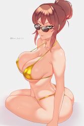 1female 1girls artist_name ass big_breasts bikini bikini_bottom bikini_top boobs breasts butt cleavage collarbone doki_doki_literature_club female_focus glasses gold_bikini gold_bikini_bottom gold_bikini_top golden_bikini golden_bikini_bottom golden_bikini_top green_eyes hair_bun hairbun kun_kaiss monika_(doki_doki_literature_club) sideboob swimwear twitter_username