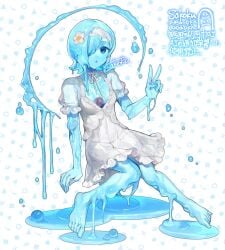 blue_eyes blue_hair blue_skin flower oc oc_(sakoku) original_character ribbon short_hair slime