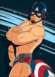 1male blue_eyes captain_america captain_america's_shield captain_america_(series) crossed_arms erection looking_at_viewer male male_only marvel marvel_comics mask mostly_nude muscles open_shorts pecs penis pinup posing proud_of_his_cock randyslashtoons solo steve_rogers tagme testicles topless uncensored underwear