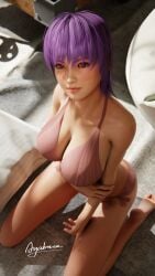 1girls 3d 3d_artwork ayabusa ayane_(doa) blender dead_or_alive female female_only hi_res indoors large_breasts looking_at_viewer purple_hair red_eyes solo solo_female