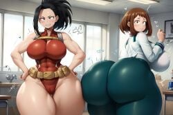 2girls ai_generated annoyed_expression ass_clapping ass_shake big_ass big_breasts black_hair boku_no_hero_academia brown_eyes brown_hair highres huge_ass momo_yaoyorozu my_hero_academia nikolain ochako_uraraka