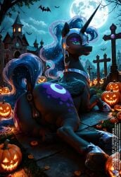 ai_generated animal_genitalia animal_pussy anus ass blue_body blue_fur blue_hair equine_genitalia equine_pussy feral friendship_is_magic furry hasbro looking_back my_little_pony nightmare_moon_(mlp) princess_luna_(mlp) pumpkin pussy smile solo tail wings