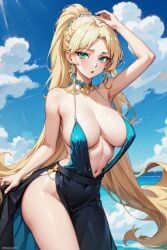 ai_generated anime_style big_breasts blonde_female blonde_hair blonde_hair blonde_hair_female blue_dress breasts cyan_dress diana_kadushkina dress govorim_bez_oshibok green_eyes kakoe_izobrazie long_hair long_ponytail ponytail revealing_clothes uroki_horoshih_maner