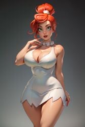 1girl 1girls ai_generated big_eyes breasts cavewoman dress green_eyes hourglass_figure housewife huge_eyes milf mom mommy narrow_waist necklace red_hair redhead stone_age the_flintstones wide_hips wilma_flintstone