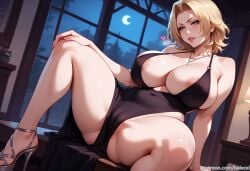 ai_generated areola_slip balecxi bare_shoulders black_dress bleach bleach:_the_thousand-year_blood_war blonde_hair blue_eyes blush cameltoe cleavage covered_nipples female heart high_heels huge_breasts indoors jewelry looking_at_viewer matsumoto_rangiku moon necklace night parted_lips sitting solo spread_legs window