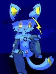 2025 3:4 3_fingers absurd_res anus ass blue_background blue_body blue_clothing blue_ears blue_fur blue_hat blue_headwear blue_tail clothing cuntboy digital_media_(artwork) domestic_cat felid feline felis fingers fishnet_clothing fishnet_gloves fishnet_handwear fishnet_stockings fur genitals gloves handwear hat headgear headwear hi_res ibispaint_(artwork) intersex lightning_bolt_marking looking_at_viewer mammal mostly_nude navel nipples nude_anthro open_mouth purple_nose pussy shaded signature simple_background sitting soft_shading solo steve_(xammyxx) tail talking_to_another teeth vulva watermark xammyxx yellow_eyes yellow_inner_ear