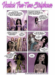 5boys 6+boys 6+girls 6_panel_comic 7girls abs ass black_hair blonde_hair blood bra breasts clothed comic dark_skin dc doll_joints female long_hair male multiple_boys multiple_girls no_nipples nude pole priscilla_kitaen stripper text voodoo_(wildstorm) what wildc.a.t.s. wildstorm