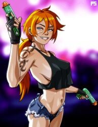 1girls absurd_res bandaid bandaid_on_cheek black_lagoon blue_eyes cosplay female female_only fingerless_gloves freckles gardnerverse jean_shorts long_hair minishorts narrowed_eyes orange_hair pumpkinsinclair revy_(cosplay) sam_gardner sideboob solo tank_top tattoo_on_arm teeth_showing tied_hair water_gun