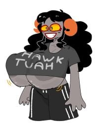 1girls :d alien alien_humanoid aradia_megido black_hair_female breasts colored_skin errorplush female female female_focus female_only grey_skin grey_skin hawk_tuah homestuck homestuck_troll horn horns humanoid humanoid_alien hyper hyper_breasts long_hair long_hair_female shirt skimpy skimpy_clothes skimpy_clothing solo solo_female sports_pants t-shirt troll tshirt