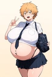 ai_generated bimbo blonde_hair breasts chainsaw_man denji_(chainsaw_man) gender_transformation genderswap_(mtf) huge_ass large_breasts pregnant pregnant_belly pregnant_female rule_63 schoolgirl silly slut slutty_outfit