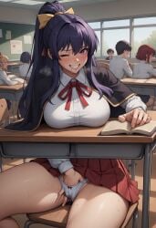 ai_generated akeno_himejima book classroom desk drool female fingering fingering_under_clothes high_school_dxd highres lesson looking_at_viewer on_chair one_eye_closed qwertart school_uniform smile solo stealth stealth_fingering stealth_masturbation tagme teeth wet wet_pussy